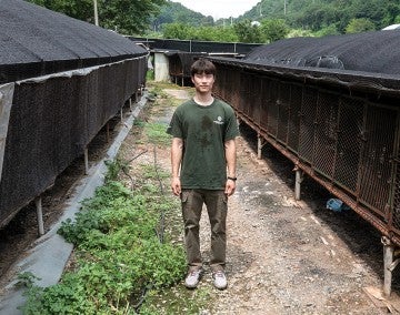 Sangkyung Lee, Dog Meat Campaign Manager of HSI Korea, at a dog meat farm in Ansan City, South Korea
