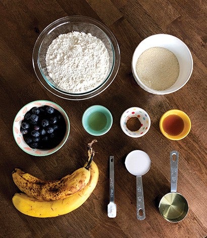 Bananas, flour and other ingredients for making banana bread.