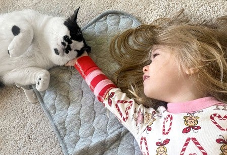 A young girl laying on the floor caresses her pet cat who contentedly leans into her hand